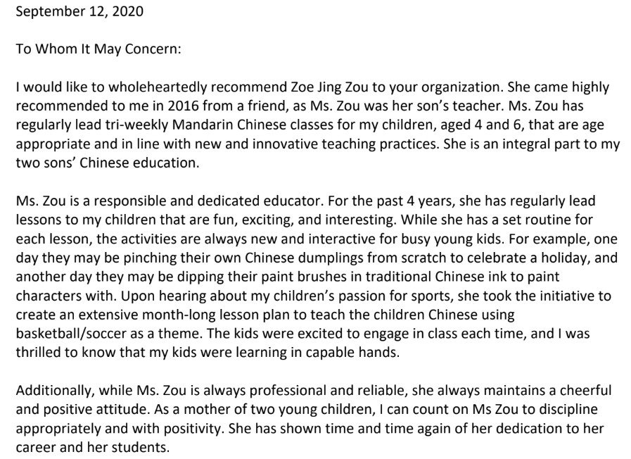A letter dated September 12, 2020, recommending Zoë Jing Zou as an educator for Chinese language classes, praising her dedication, innovative teaching methods, and positive attitude.
