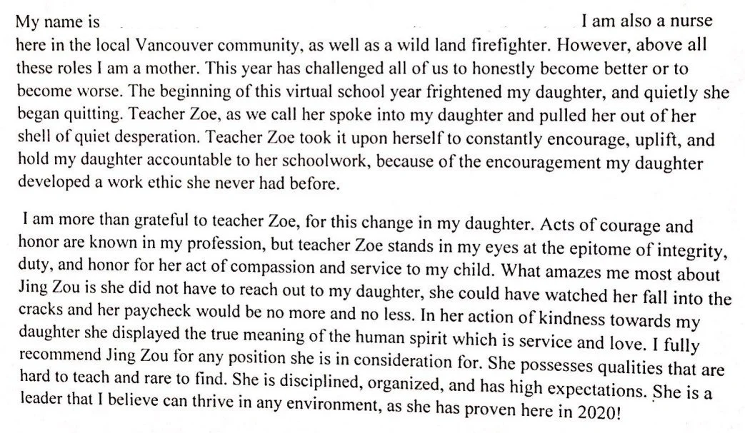 Text about a mother expressing gratitude towards her teacher, Zoe, for her positive influence on her daughter's character and academic ethic, highlighting Zoe's compassion, discipline, and leadership.