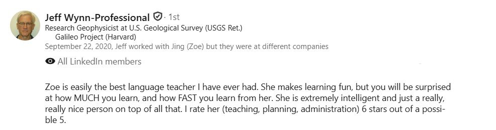 Screenshot of a LinkedIn recommendation for Zoe, praising her language teaching skills and intelligence.