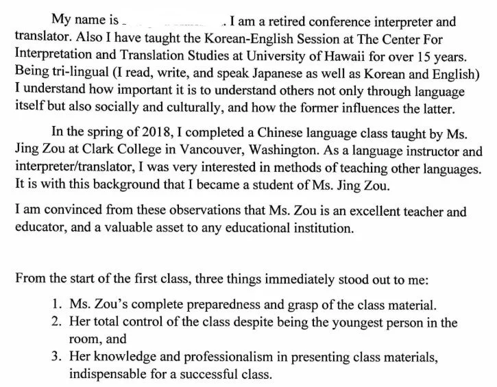 A testimonial letter from a retired conference interpreter highlighting their experience teaching Korean-English sessions at the University of Hawaii, their language proficiency, and positive observations about a teacher named Ms. Jing Zou, emphasizing her preparedness, control, knowledge, and professionalism.