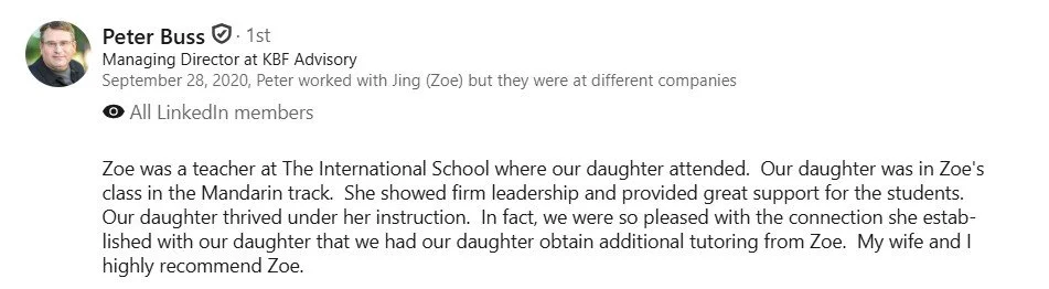 Screenshot of a LinkedIn profile summary for Peter Buss, a Managing Director at KBF Advisory, including a detailed personal recommendation about Zoe from a parent and educator perspective.
