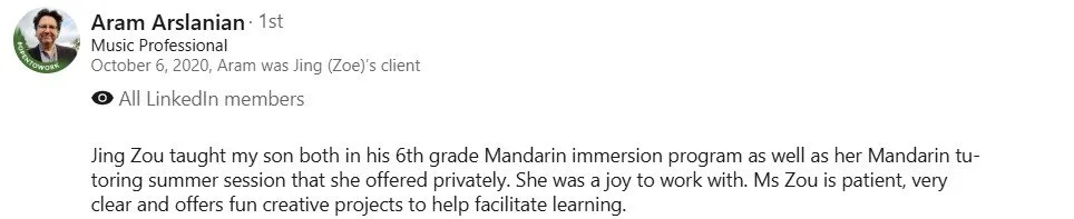 LinkedIn profile of Aram Arslanian, a music professional, with details about his client and teaching activities, along with a description of his work with a student in Mandarin.