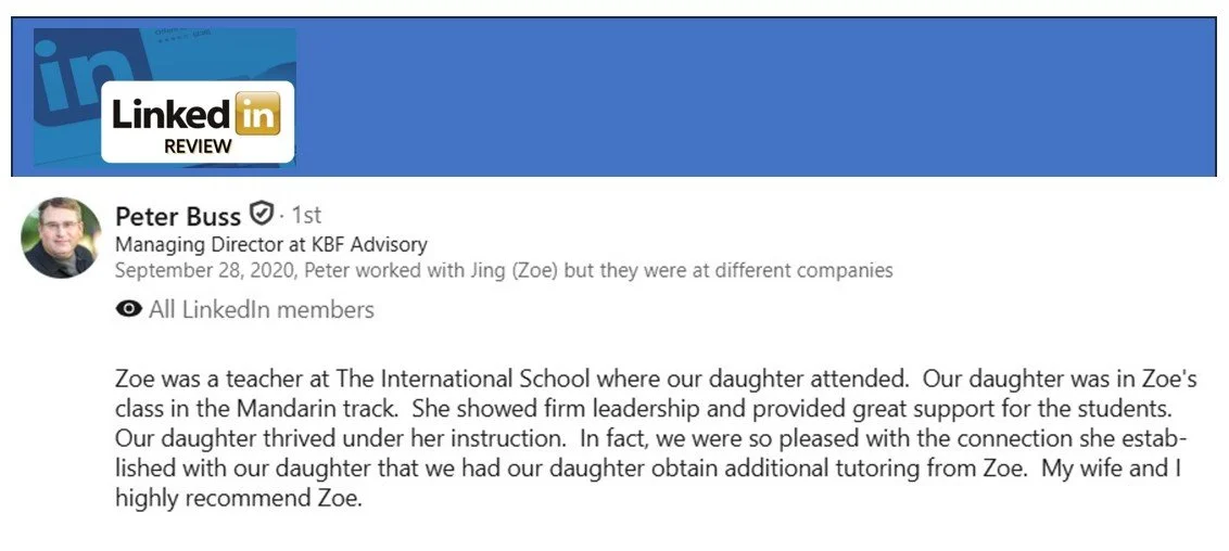 Adult learner testimonial for Chinese learning progress in Newcastle