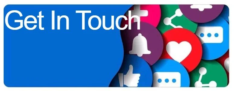Blue banner with white text saying 'Get In Touch' and colorful icons of social media and communication symbols, including a heart, bell, thumbs up, chat bubbles, and network symbols.