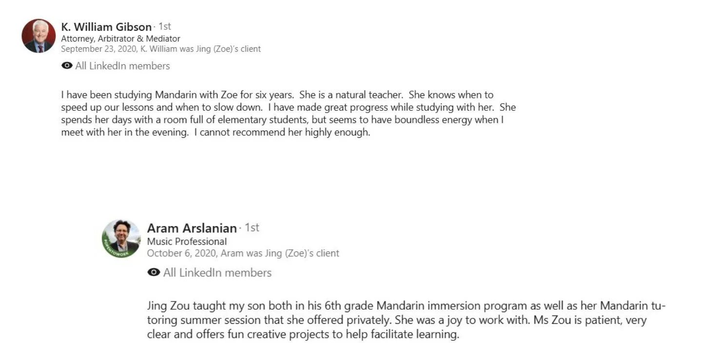 Screenshot of LinkedIn testimonials about a Mandarin teacher named Zoe, featuring reviews from K. William Gibson and Aram Arslanian.