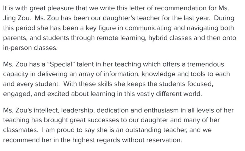 A letter of recommendation praising Ms. Jing Zou, her teaching skills, leadership, and dedication.
