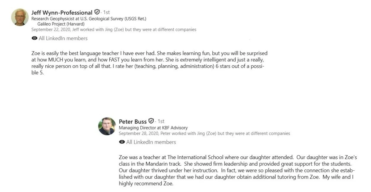 Screenshot of LinkedIn recommendations for Zoe, highlighting her teaching skills and leadership in language teaching, with profiles of Jeff Wynn-Professional and Peter Buss.
