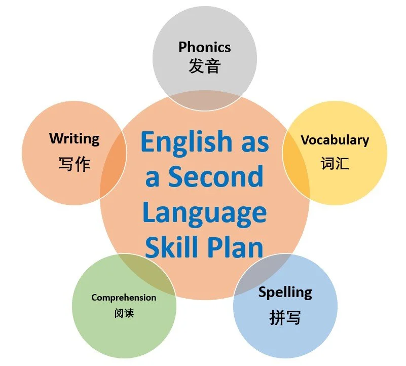 Diagram showing components of an English language skill plan, including phonics, vocabulary, spelling, comprehension, and writing, each labeled with English and Chinese translations.