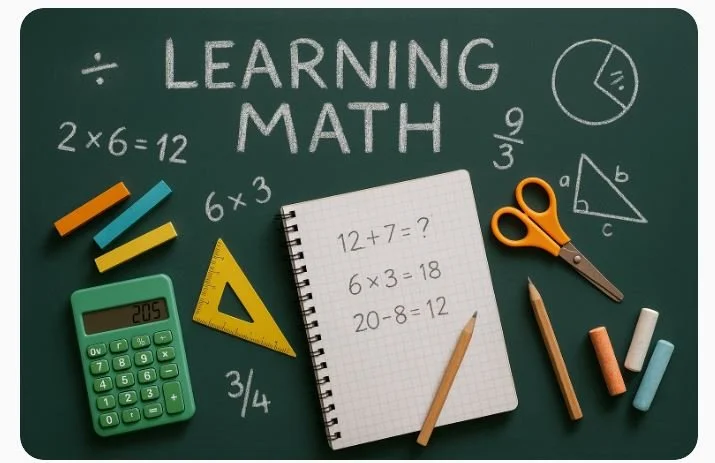 Green chalkboard with 'Learning Math' written at the top, surrounded by math symbols, equations, a calculator, a yellow triangle ruler, orange scissors, colored chalks, and a notepad with arithmetic problems.