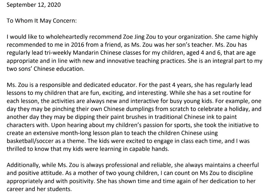 Letter dated September 12, 2020, recommending Ms. Zoe Jing Zou for her dedication and innovative Chinese classes for children, praising her teaching methods and positive attitude.