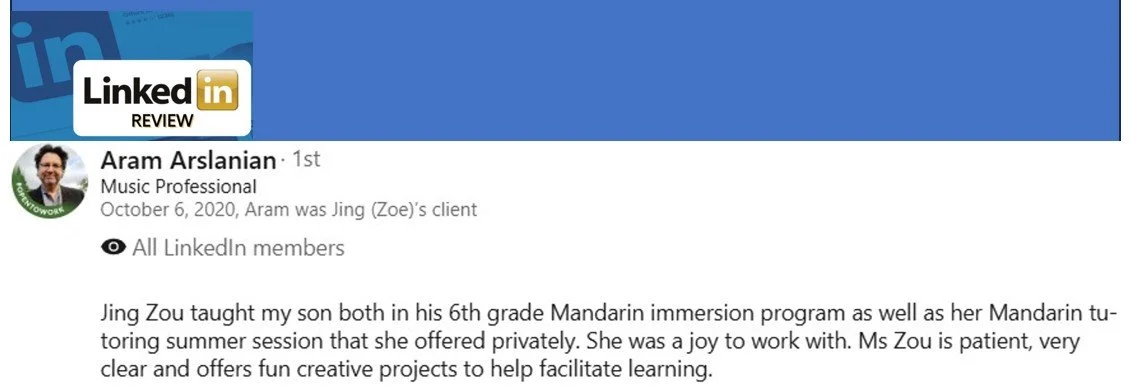Adult learner testimonial for Chinese learning progress in Seattle Eastside