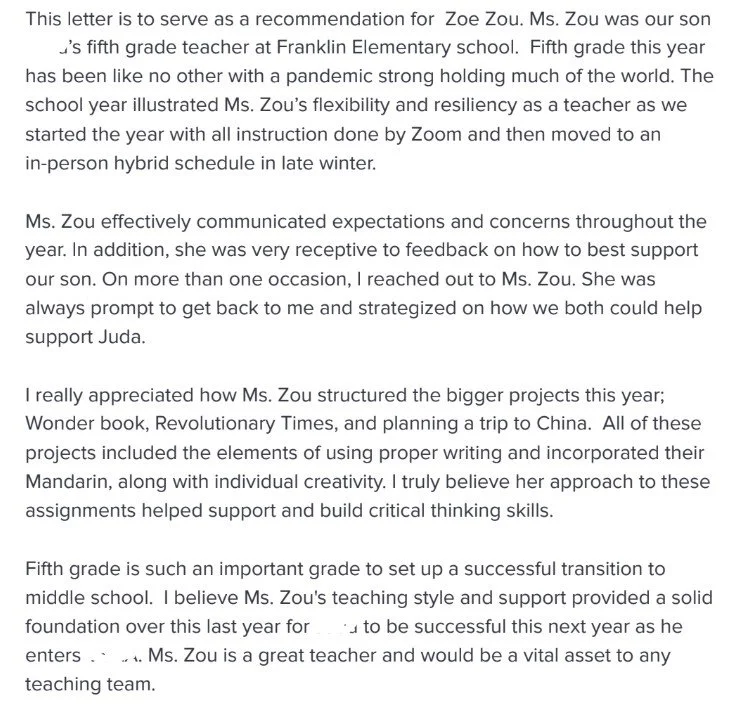 A letter of recommendation praising Ms. Zou, a fifth-grade teacher at Franklin Elementary, for her flexibility, resilience, effective communication, and support for students and colleagues during the pandemic, including transitioning to Zoom instruction and planning projects like a Wonder book and trip to China.