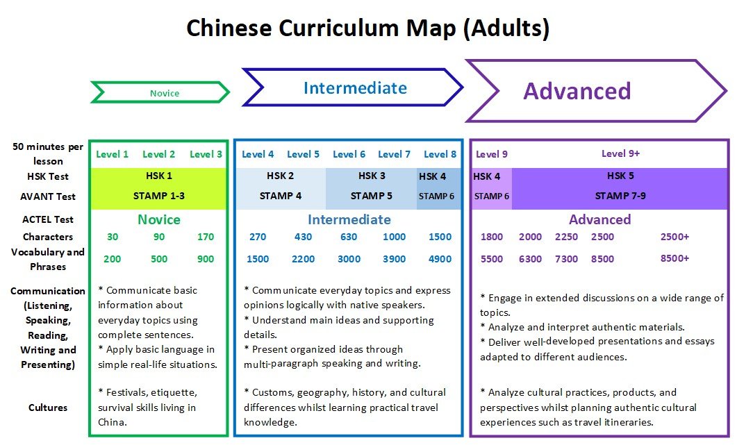 Chinese language curriculum map for adults showing three stages: Novice, Intermediate, and Advanced. Each stage is divided into levels with corresponding test scores, vocabulary, characters, communication skills, and cultural topics.