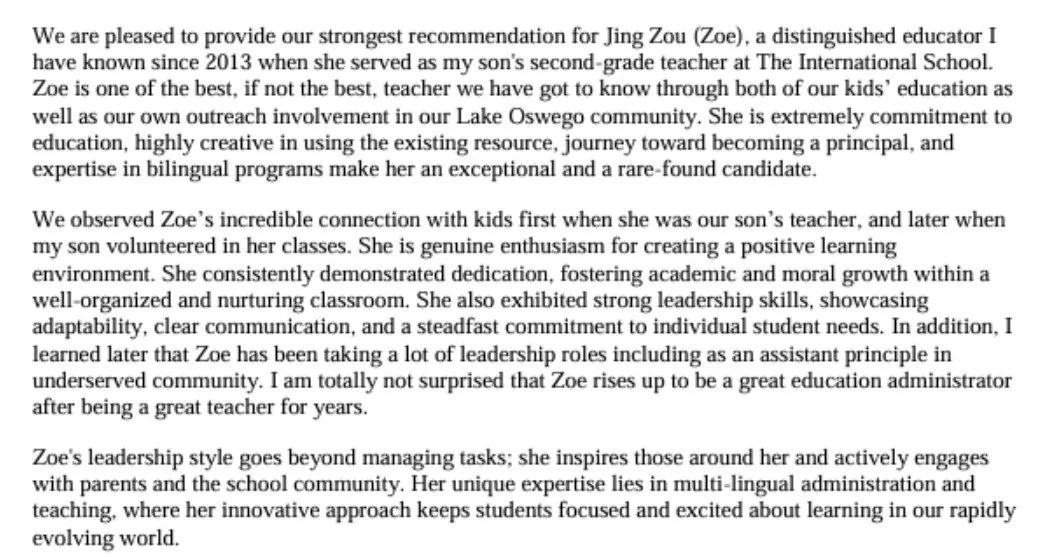 A letter praising educator Jing Zou, highlighting her dedication, leadership, bilingual skills, and positive impact on students, parents, and the community.