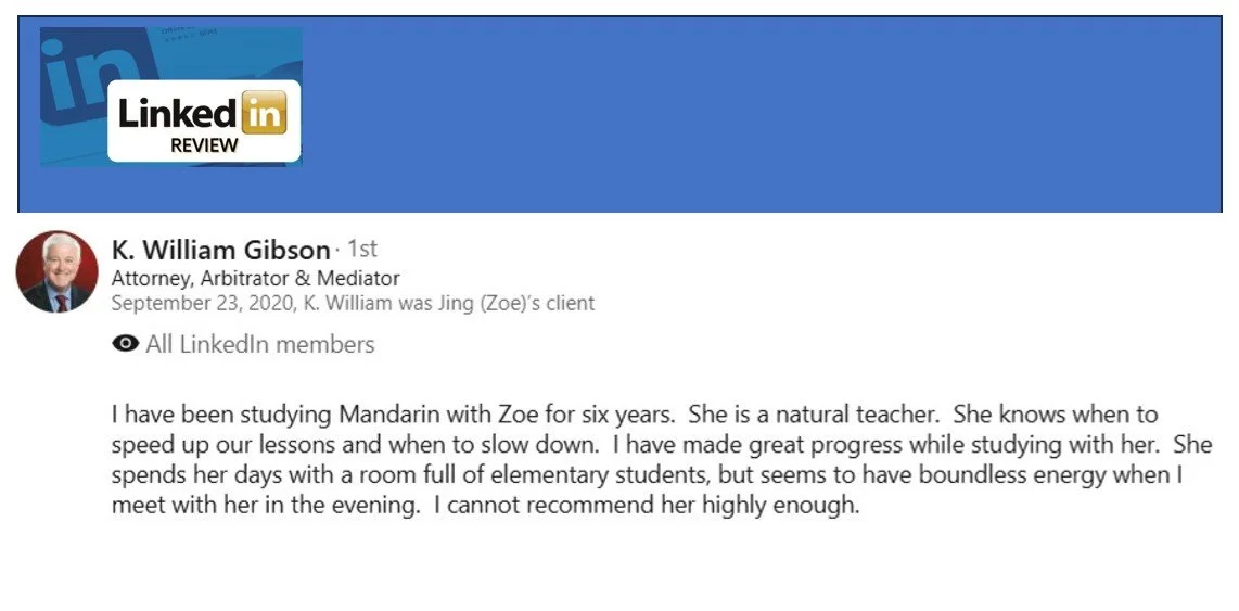 Adult learner testimonial for Chinese learning progress in Bellevue