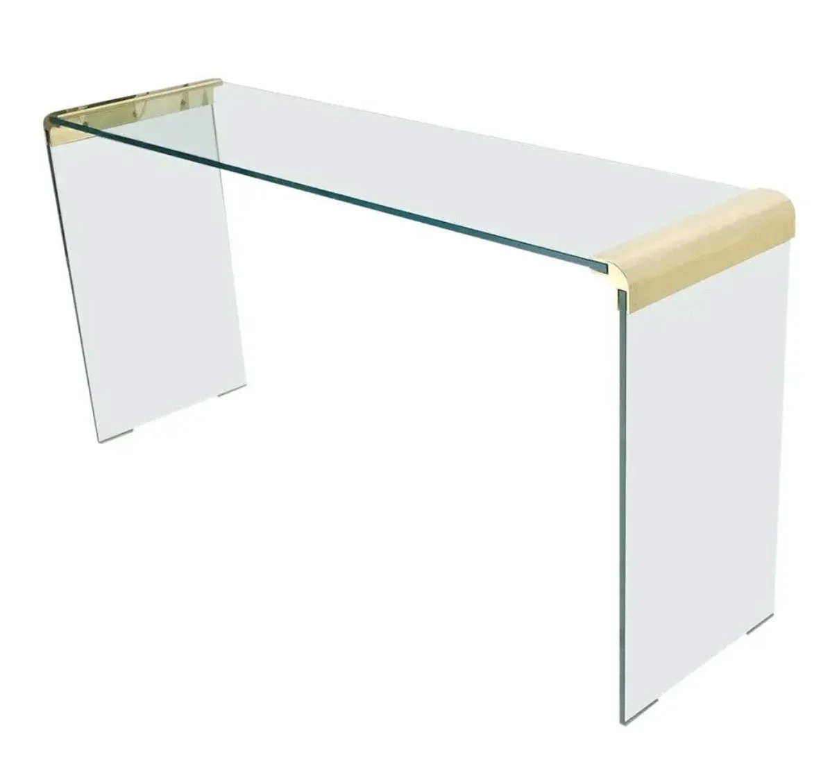 Pace Collection Glass & Brass Console Table.

Defined by clarity and restraint, this vintage Pace Collection console table is an exercise in architectural simplicity. Clean glass planes are framed by softly rounded brass-capped edges, creating a quie