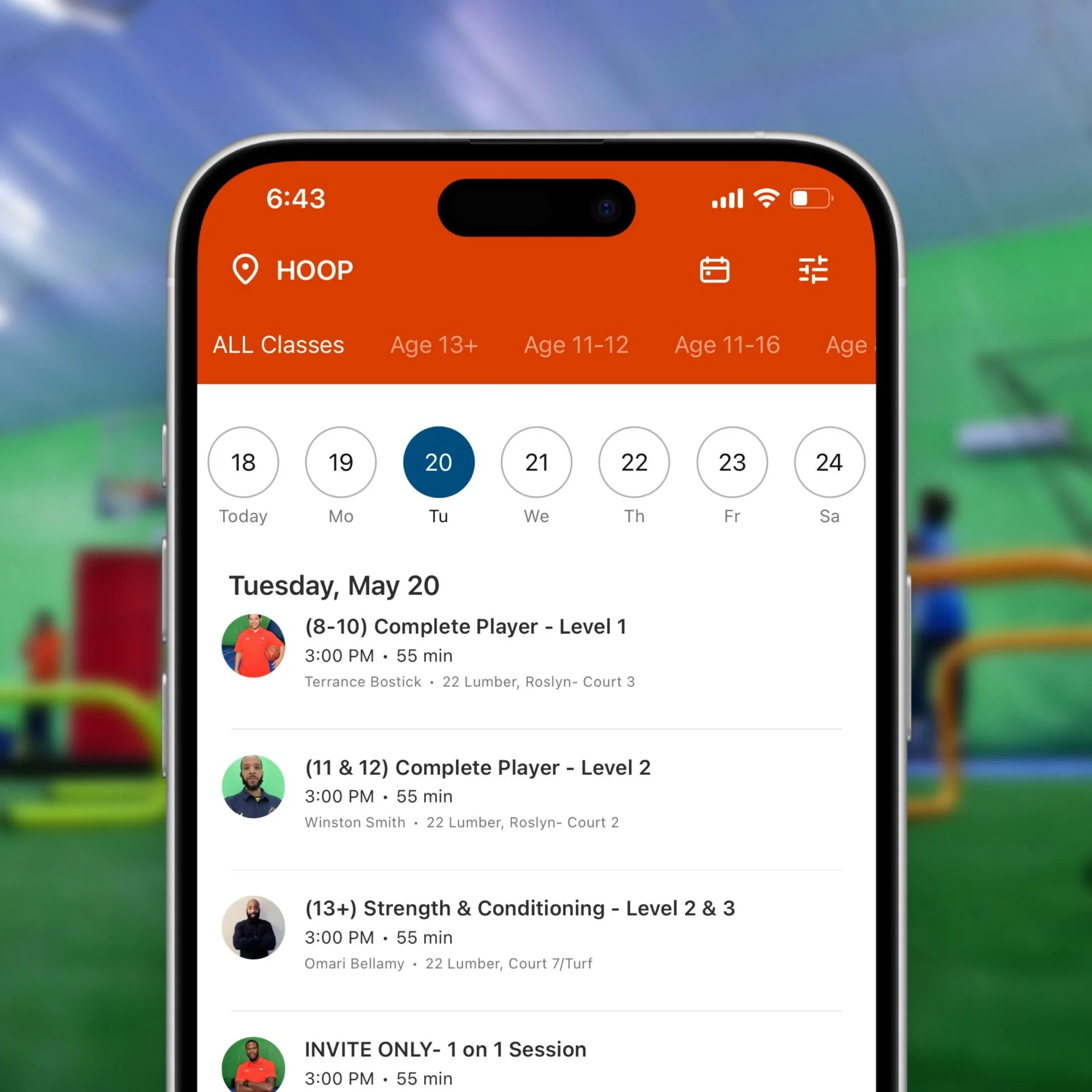 A smartphone screen displaying a scheduling app for tennis classes at Hoops, with classes scheduled for Tuesday, May 20 at 3:00 PM, including multiple training sessions with coach details.