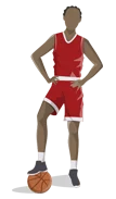 Illustration of a basketball player in red uniform posing with one foot on a basketball.