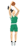 Illustration of a person in a green basketball uniform shooting a basketball