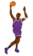 Illustration of a basketball player in a purple jersey dunking a basketball.