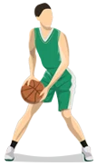 Illustration of a basketball player in a green jersey dribbling a ball.
