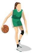 Illustration of a basketball player in green uniform dribbling a ball