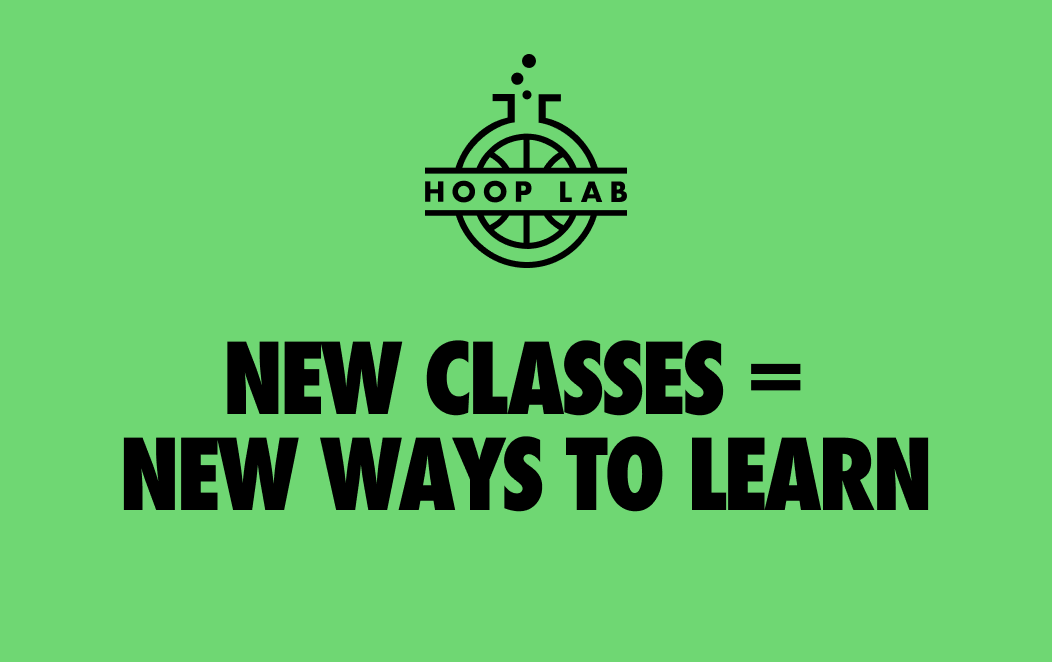 Green background with the Hoop Lab logo at the top and bold text that reads 'New Classes = New Ways to Learn'.