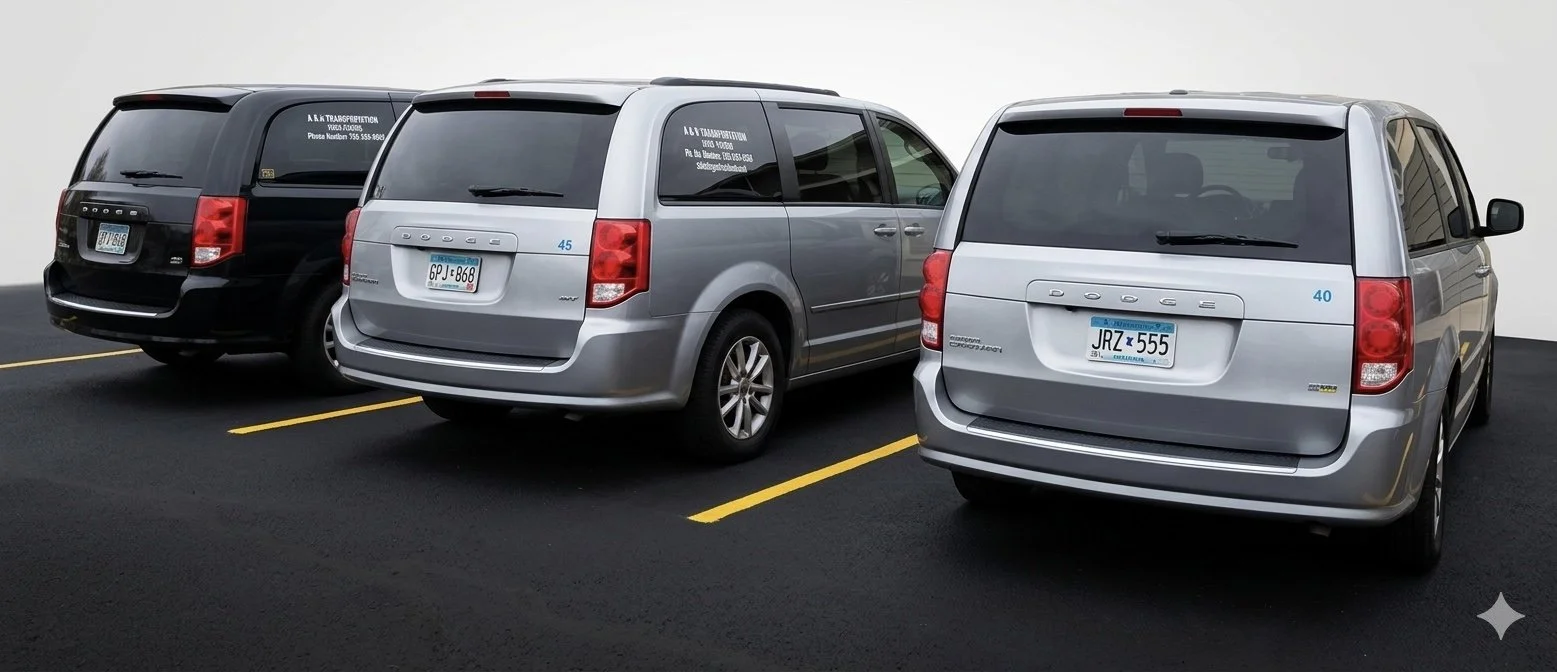 Three Dodge minivans parked side by side in a parking lot, each with a different license plate and parked within marked yellow lines.