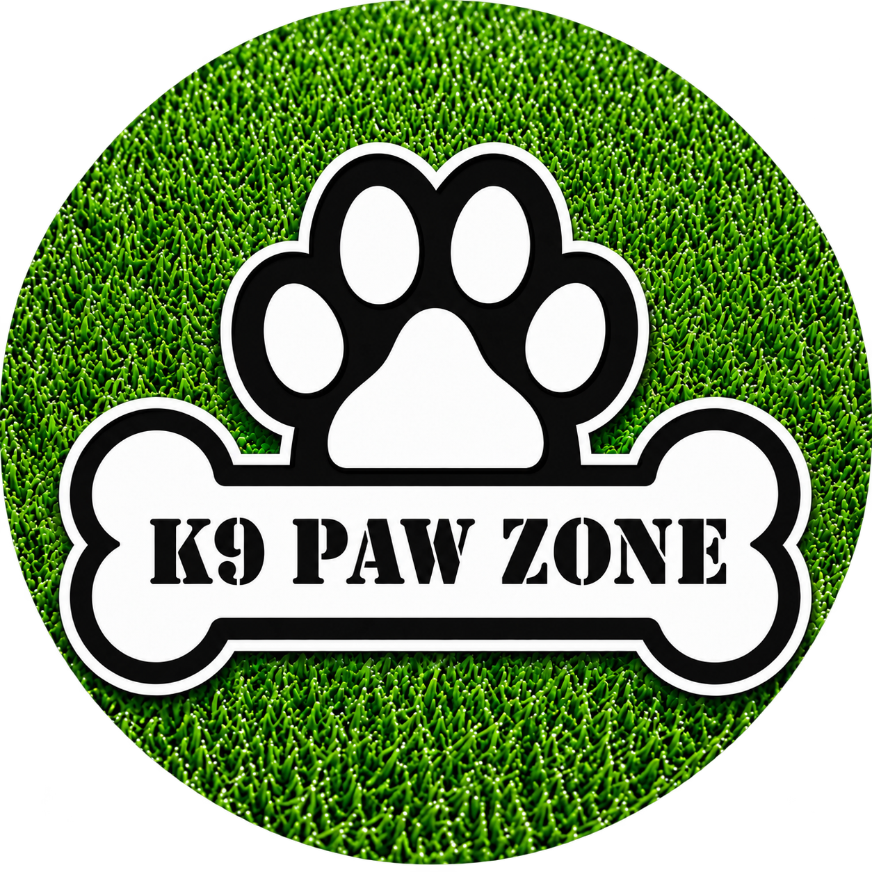 Green grass background with a black and white dog paw print logo above a bone-shaped sign that reads 'K9 PAW ZONE' in bold letters.
