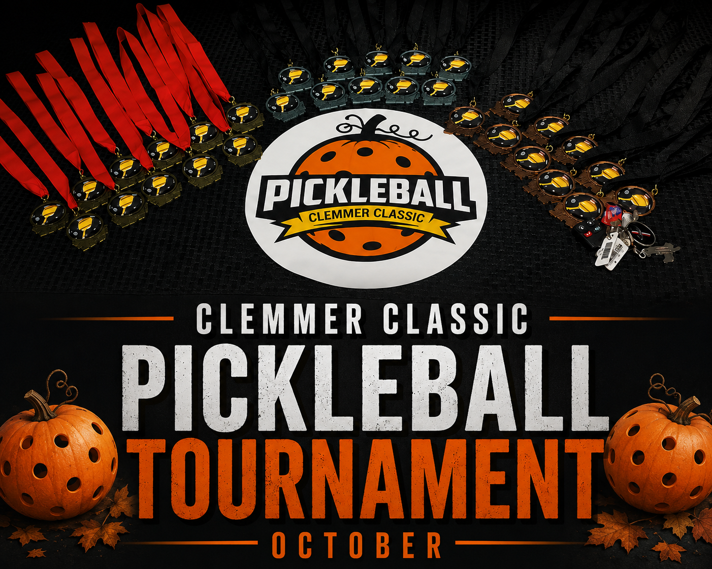 Promotional poster for the Clemmer Classic Pickleball Tournament with event details, featuring themed items like pumpkins, and display of medals, keys, and a logo with a pickleball and pumpkin graphic.