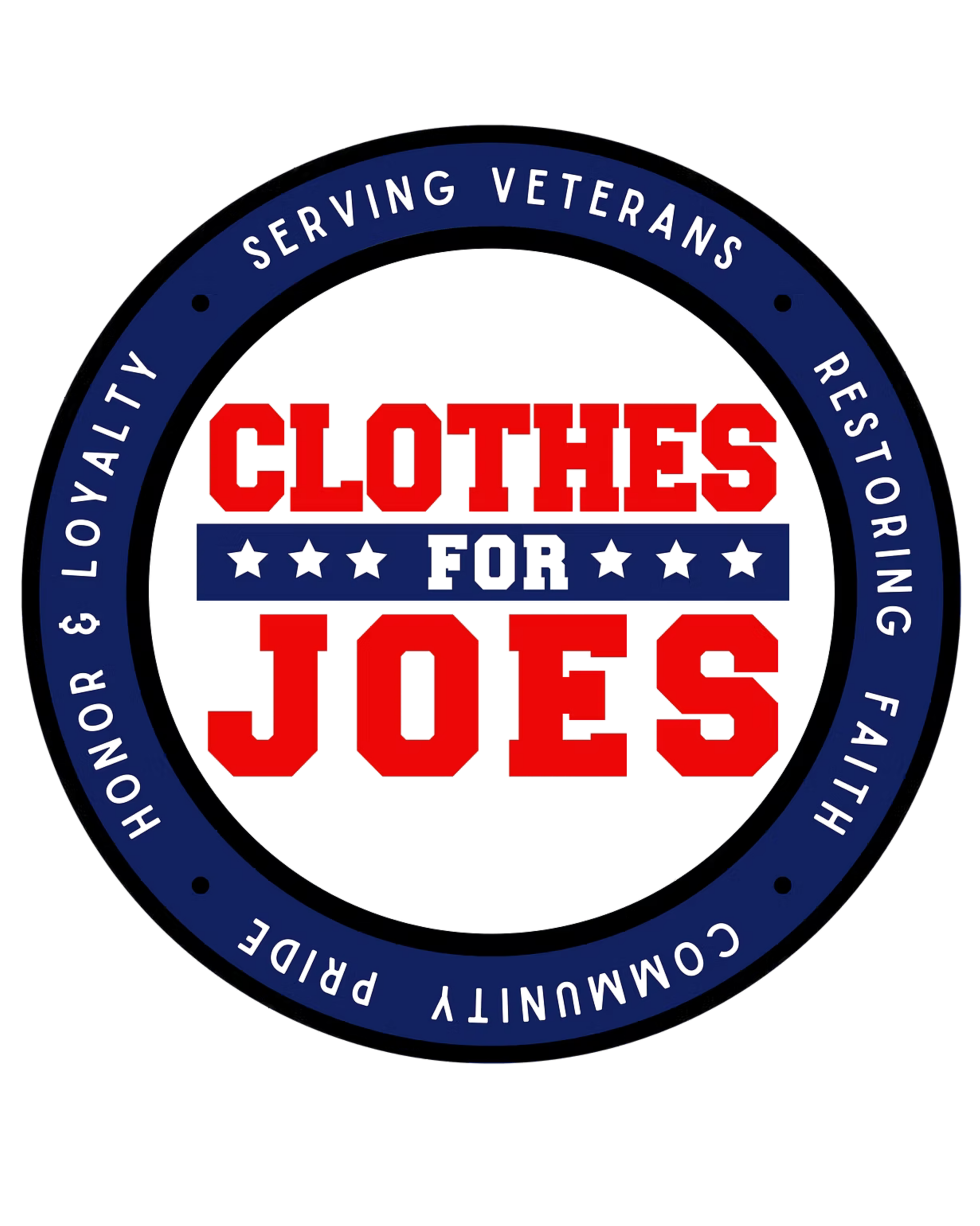 Part of a circular emblem with text reading "Serving Veterans" and "Community Proud" in a blue border, with large red text "Clothes" and "Jobs" in the center.