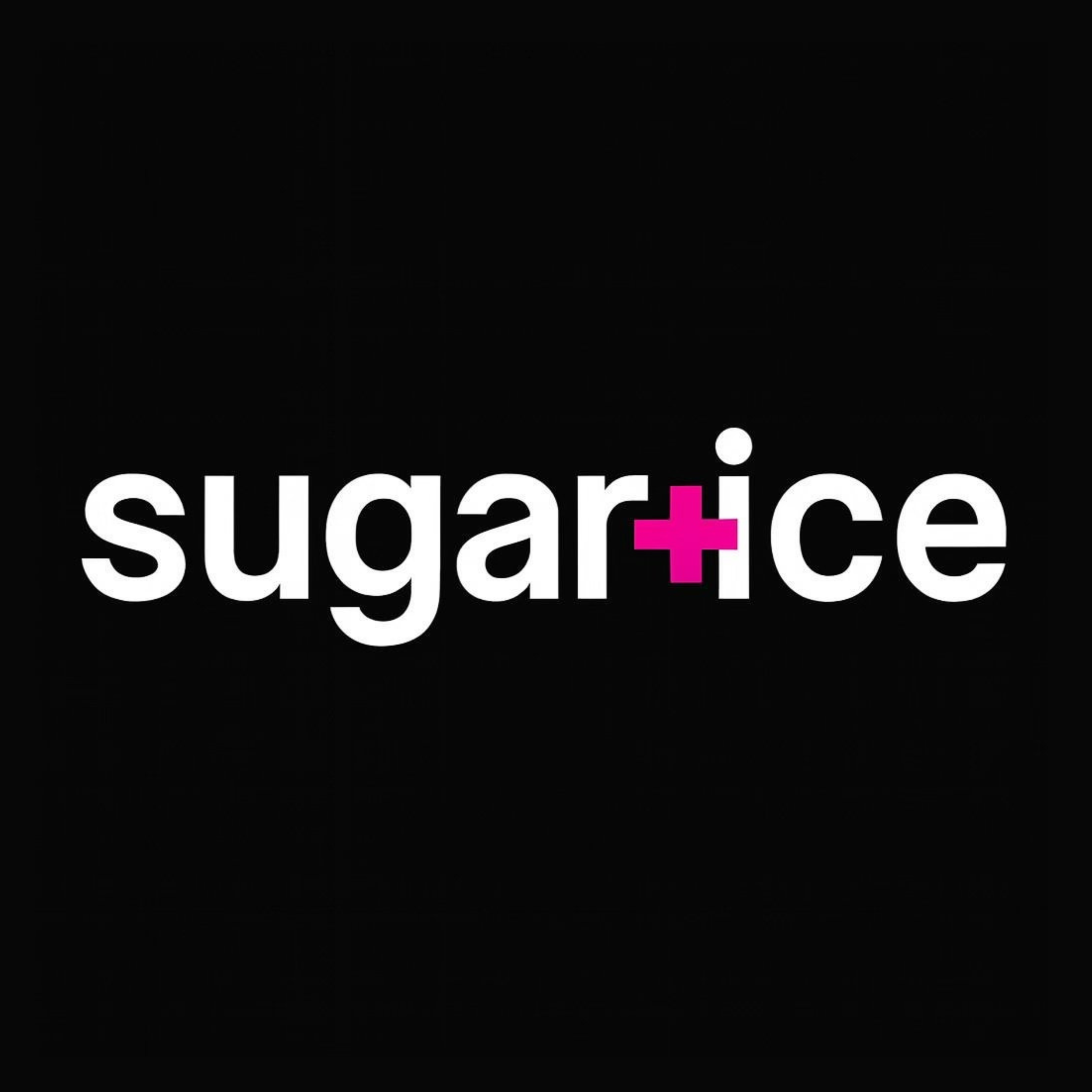 The logo for 'sugar+ice' with white lowercase text on a black background and a pink plus sign.