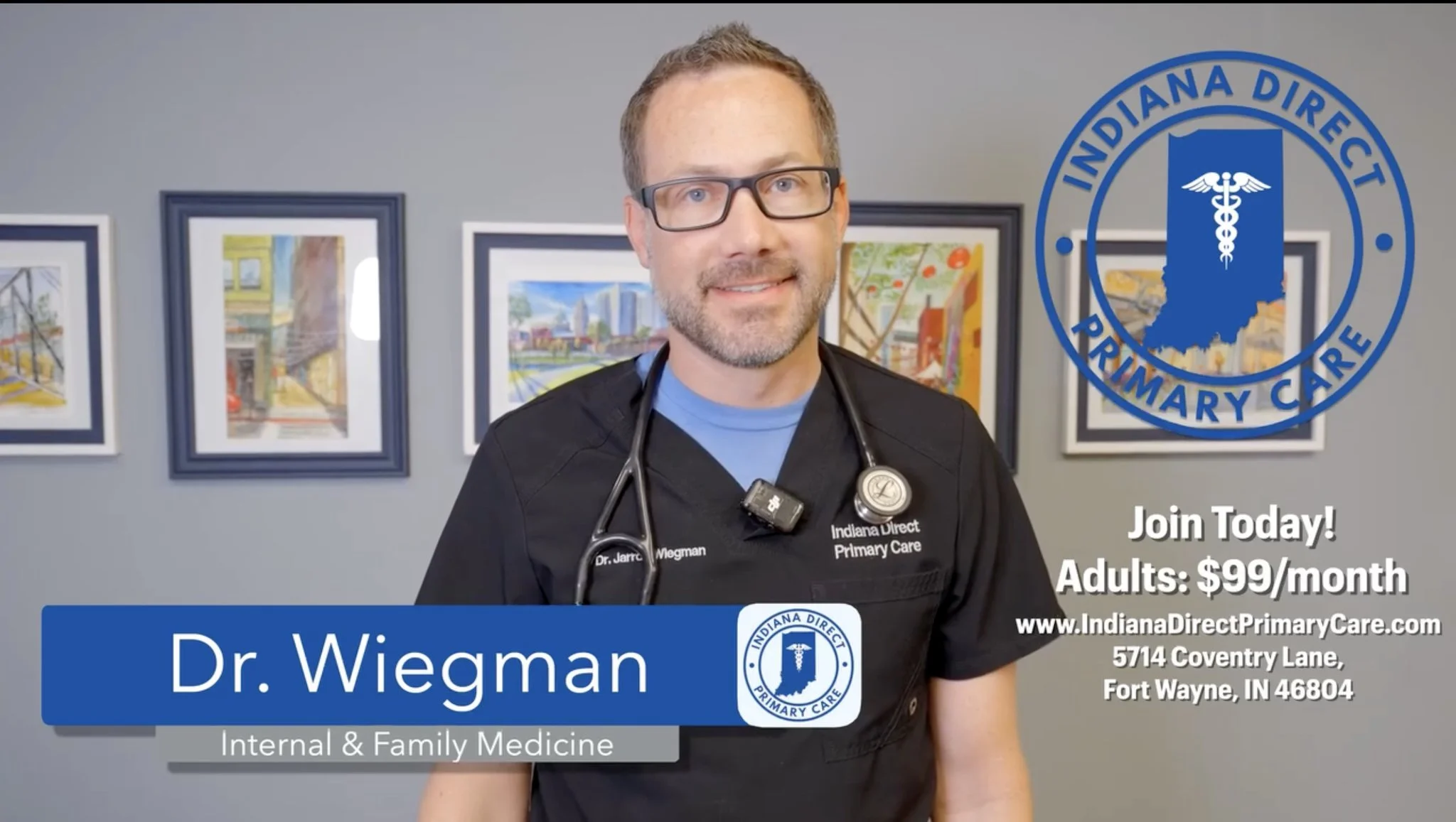 A male doctor with glasses and a beard, wearing a black medical scrubs with a stethoscope around his neck, standing in front of framed colorful artwork on a gray wall. The image includes the Indiana Direct Primary Care logo, and promotional text for primary care membership, including a website and contact information.