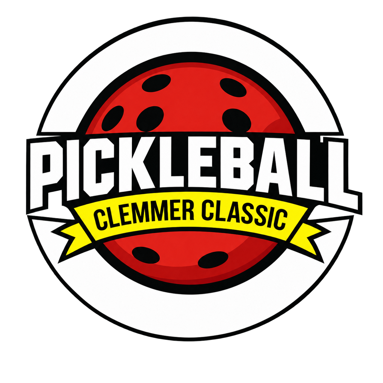 Logo for Pickleball Clemmmer Classic, featuring a red pickleball with black dots, the event name in bold black and white letters, and a yellow banner with the event subtitle.