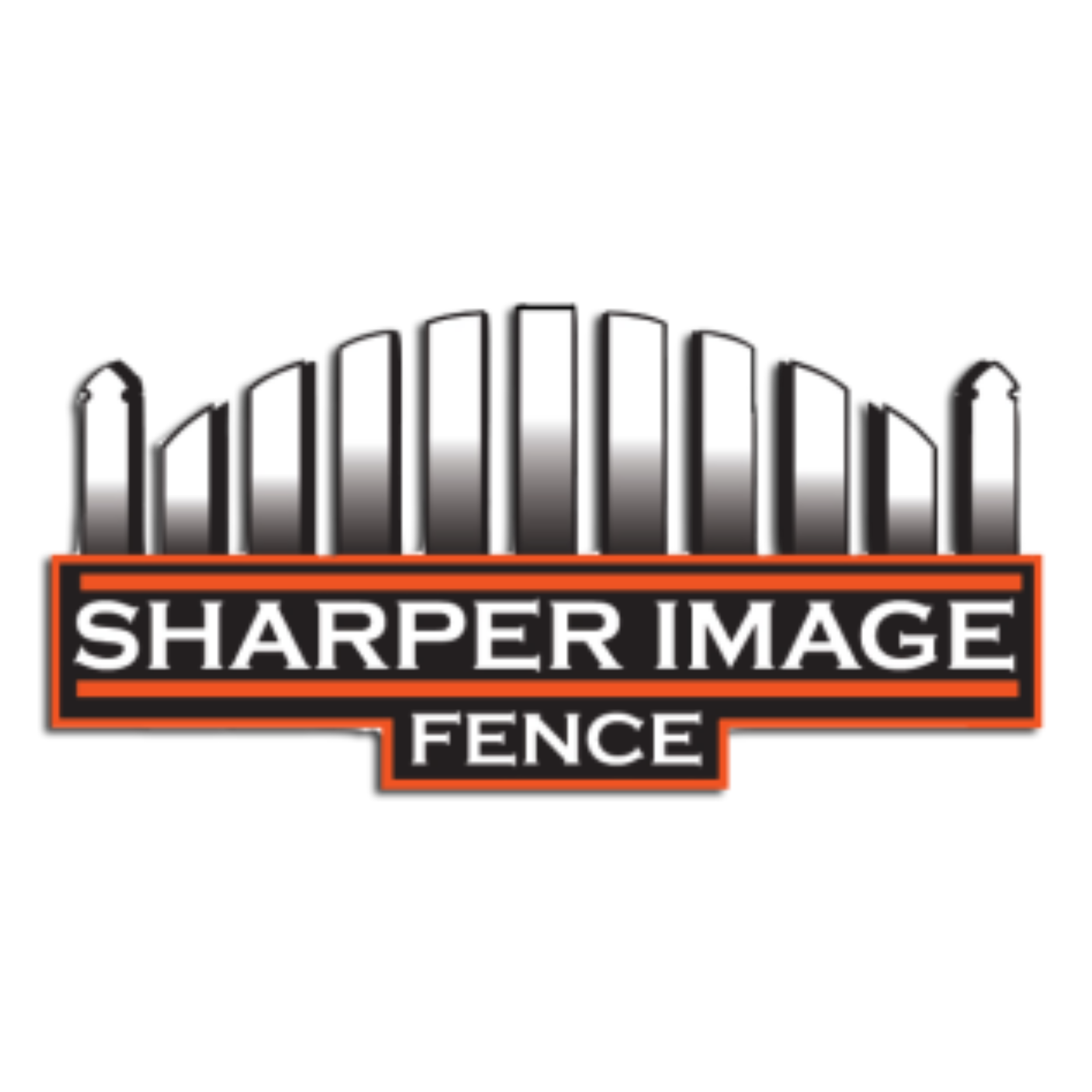 Logo for Sharper Image Fence, featuring a stylized black and white fence with the company name in bold white letters on an orange and black background.