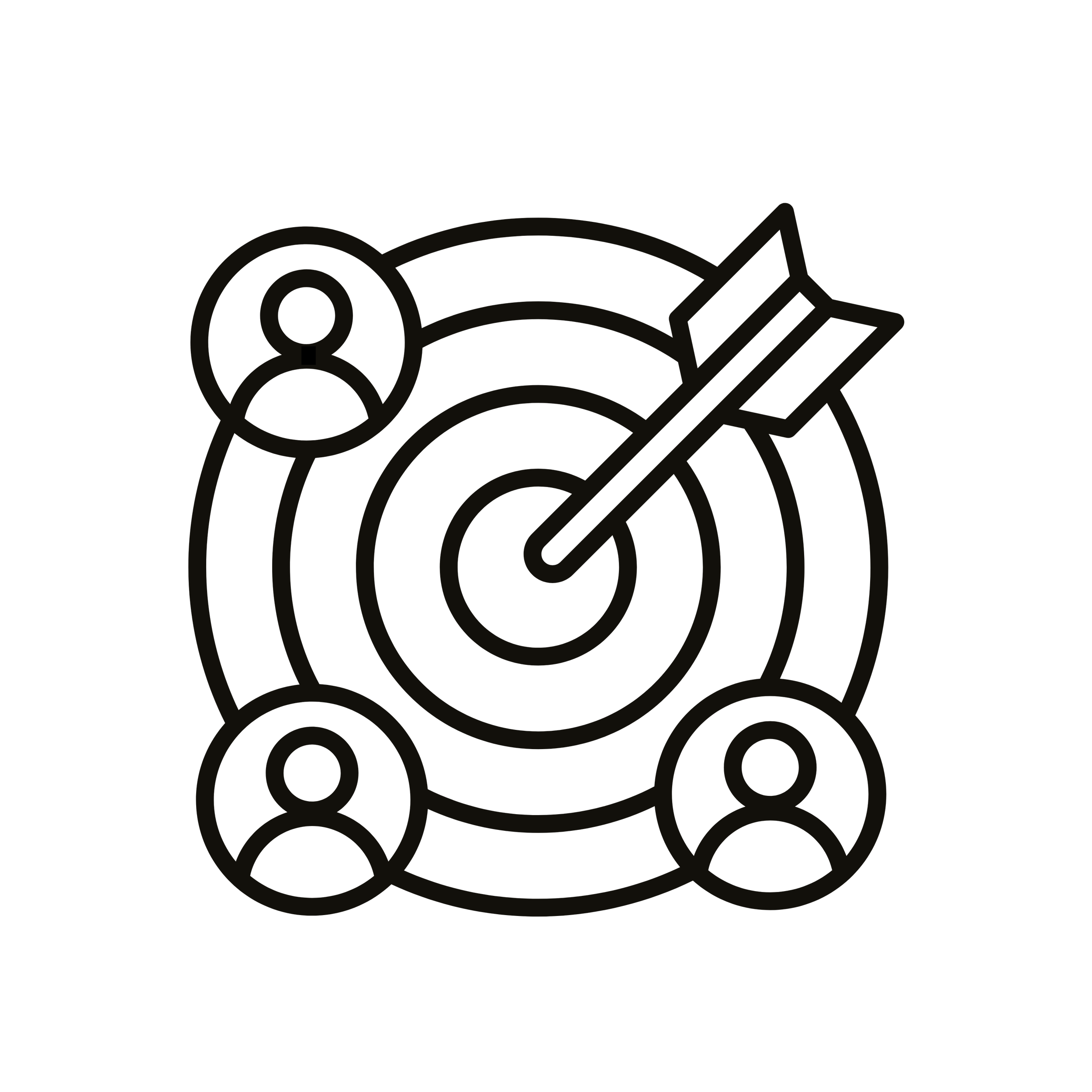 Outline graphic of a target with an arrow hitting the bullseye, surrounded by three user icons connected to the target, representing target audience or goal achievement.
