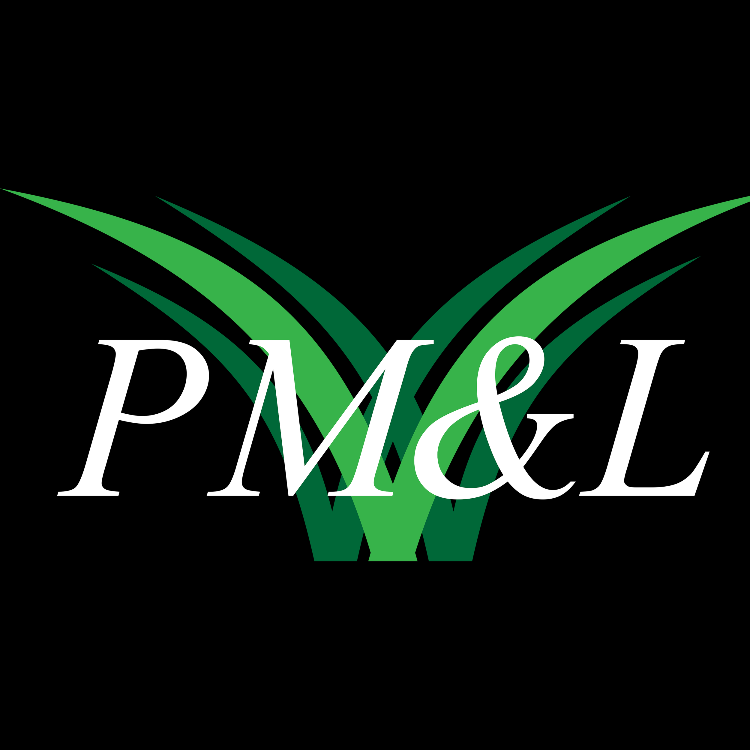 Logo with green plant leaves and the letters P,M,&,L in white over black background.