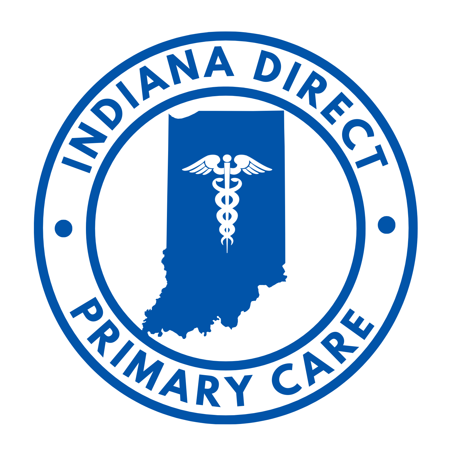Logo of Indiana District Primary Care featuring the outline of Indiana state with a medical caduceus symbol and text surrounding it.