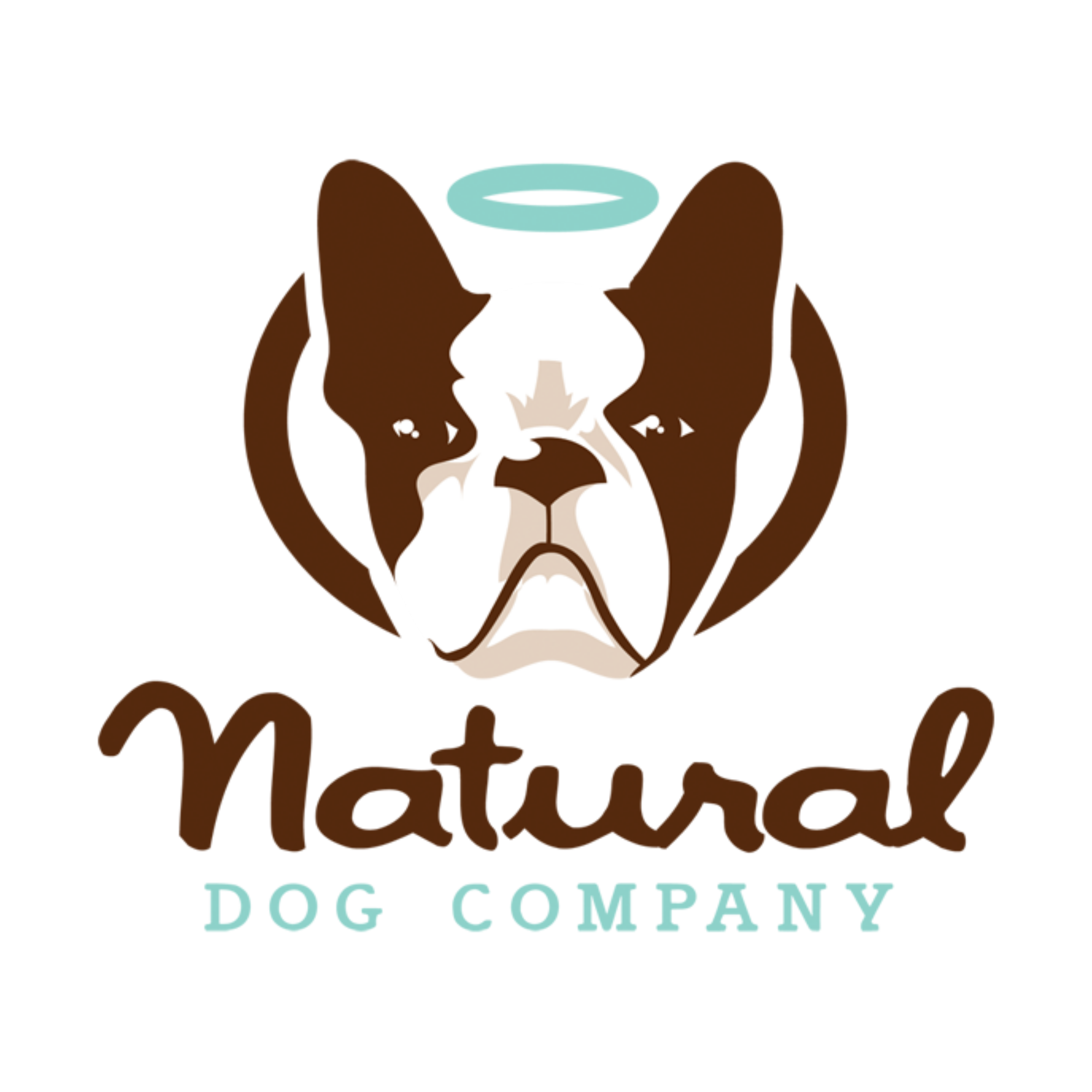 Logo of a dog treat company featuring a bulldog face with a pacifier on top, and the words "Natural Dog Company" below.