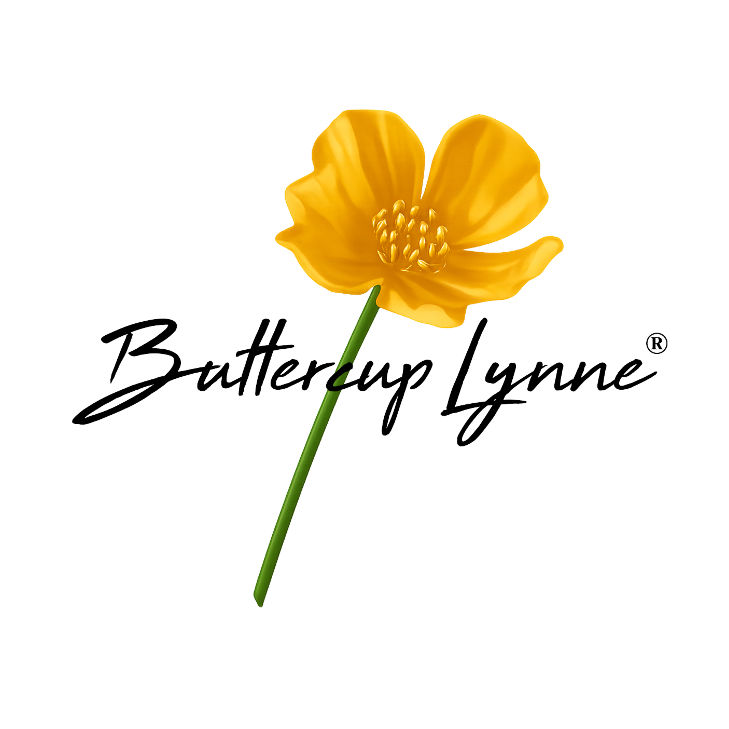 A yellow buttercup flower with green stem and black cursive text reading 'Buttercup Lynn'.