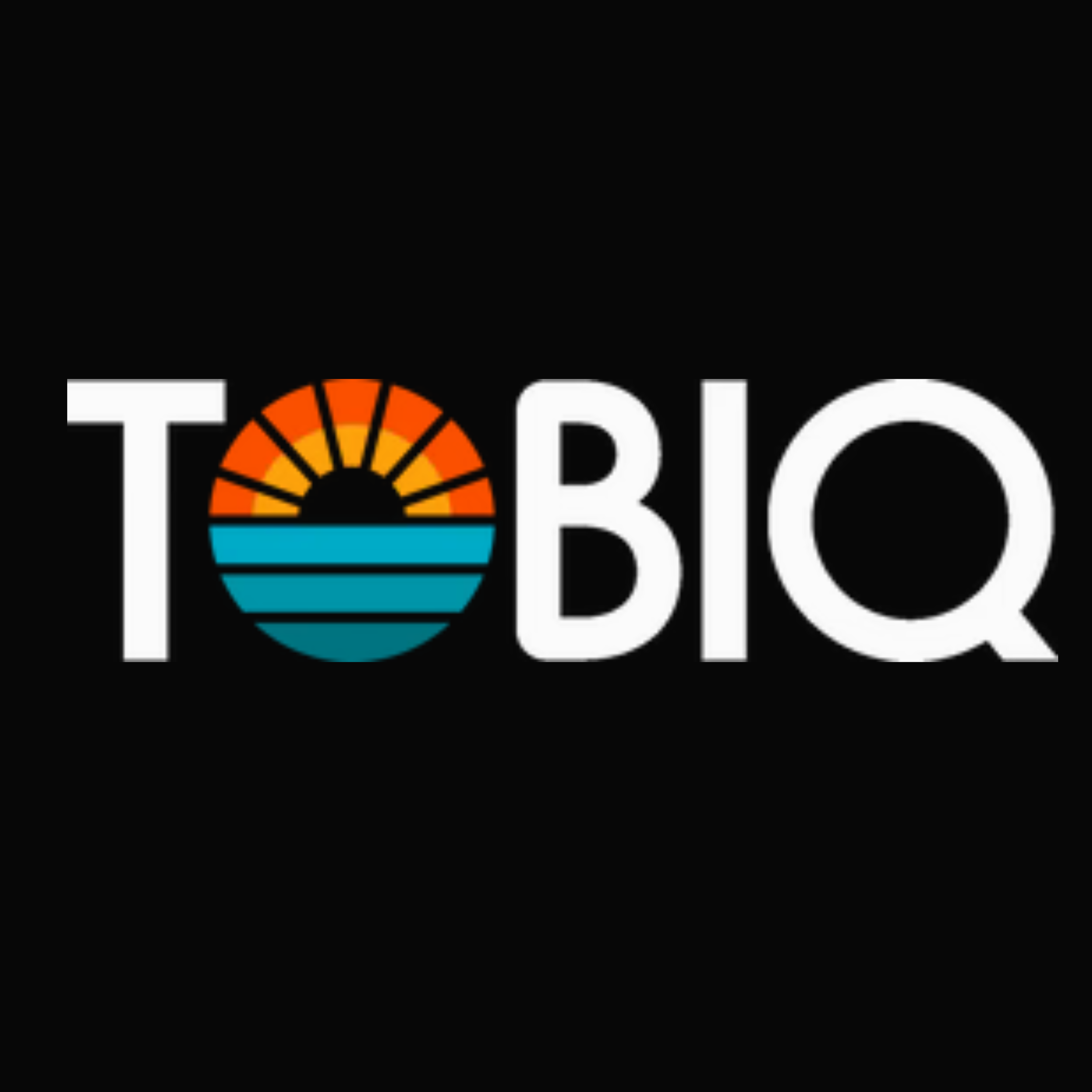 Logo of Tobi Q with a stylized sun and water design inside the letter 'O' on a black background.