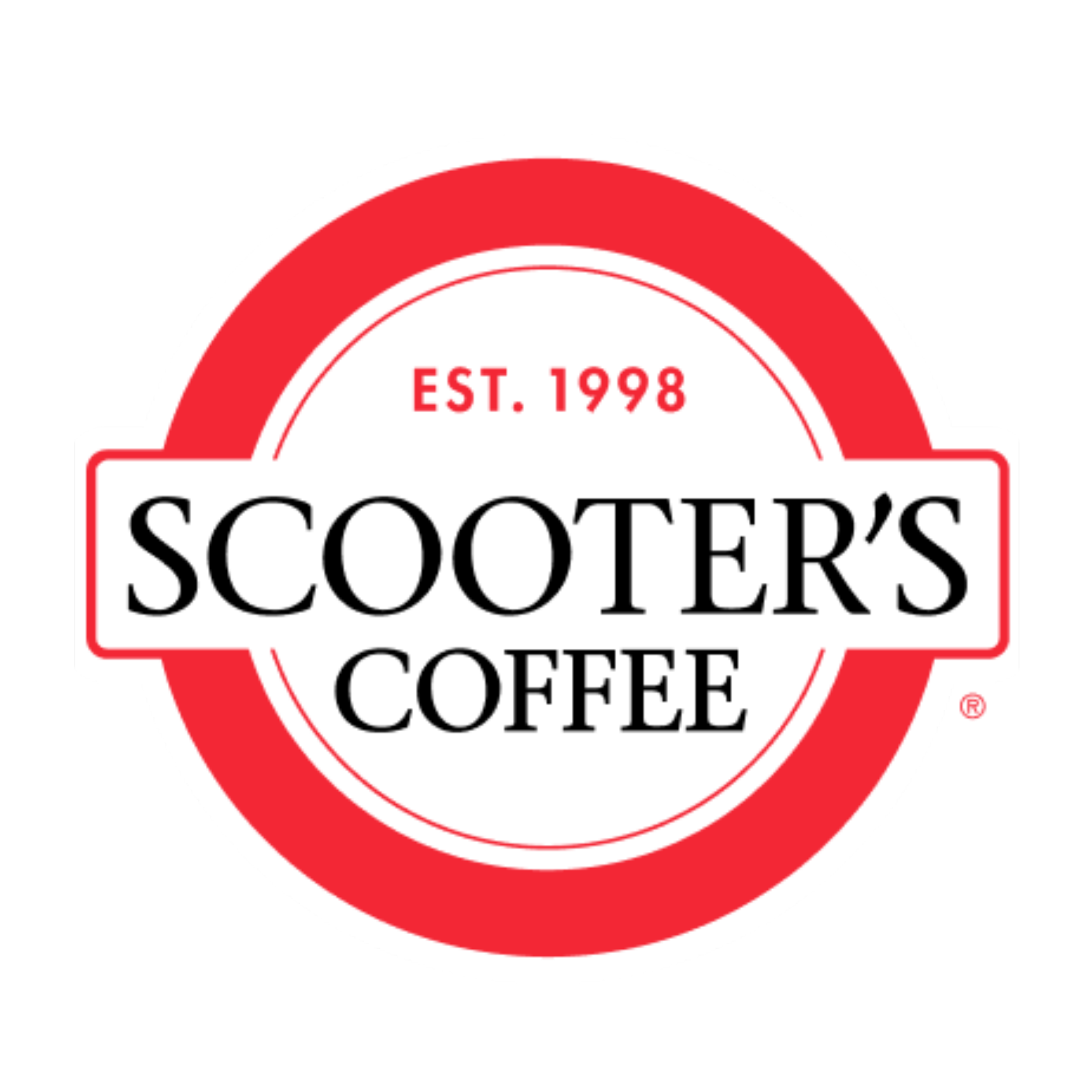 Logo for Scooter's Coffee, established in 1998, featuring a red circular badge with black text.
