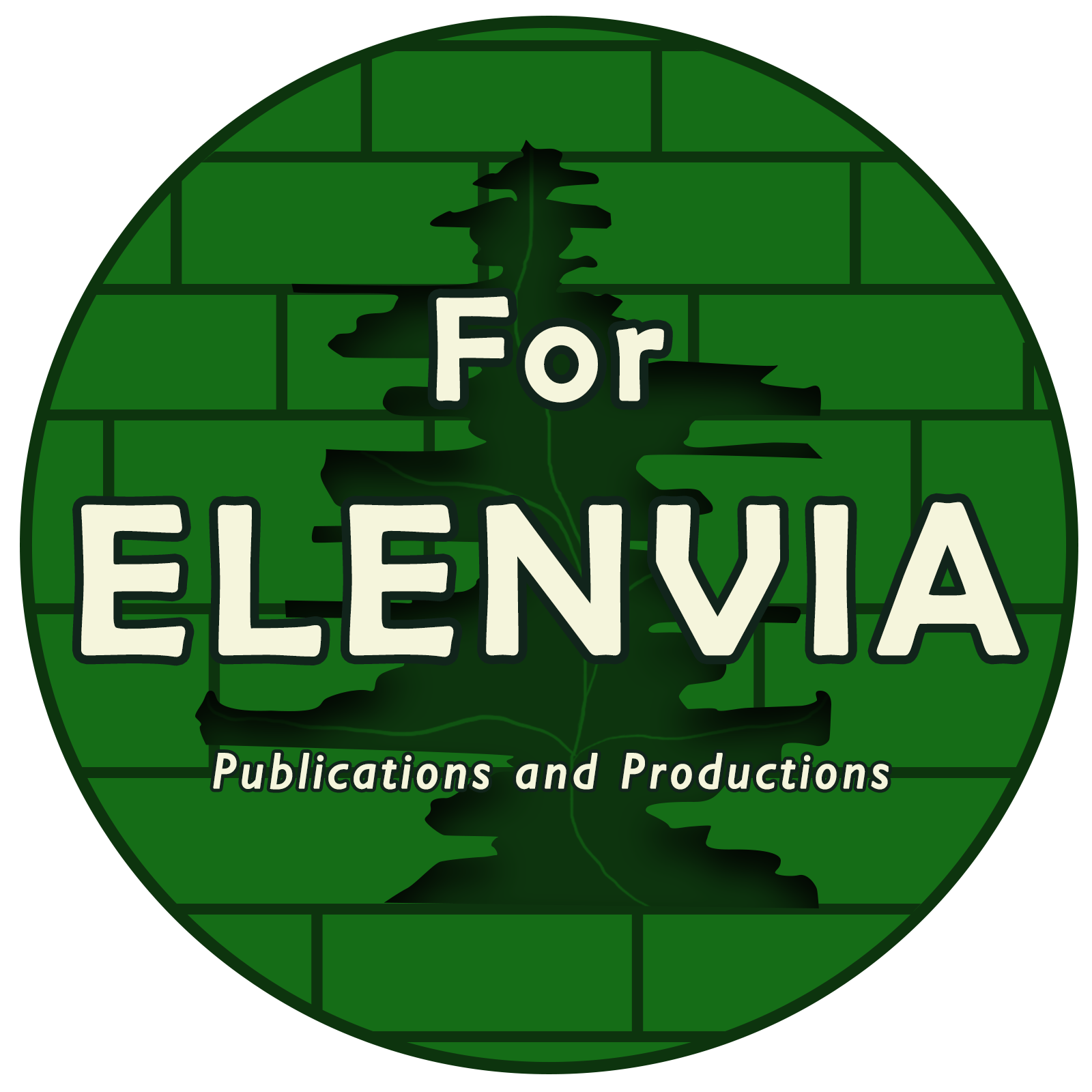 Logo for For Elenvia Publications and Productions, featuring a green circular background with a leaf and brick pattern.