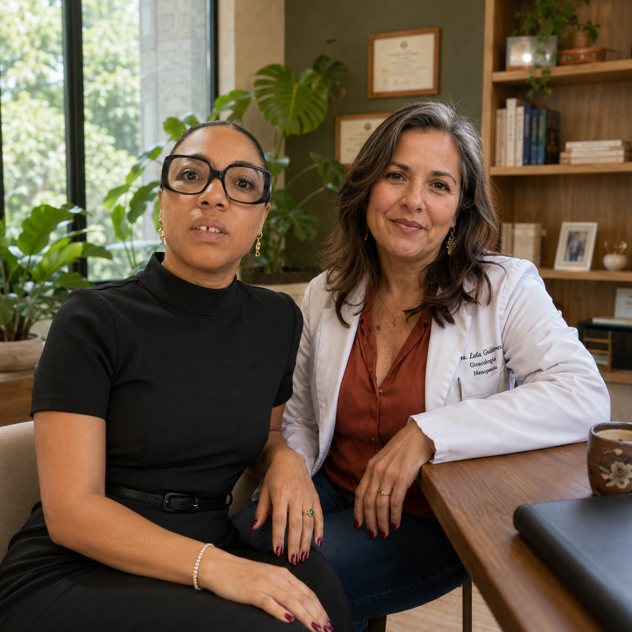 Two women sitting at a wooden table in a room with large windows and green plants, one wearing a black top and glasses, the other in a white coat with embroidered text, smiling at the camera.