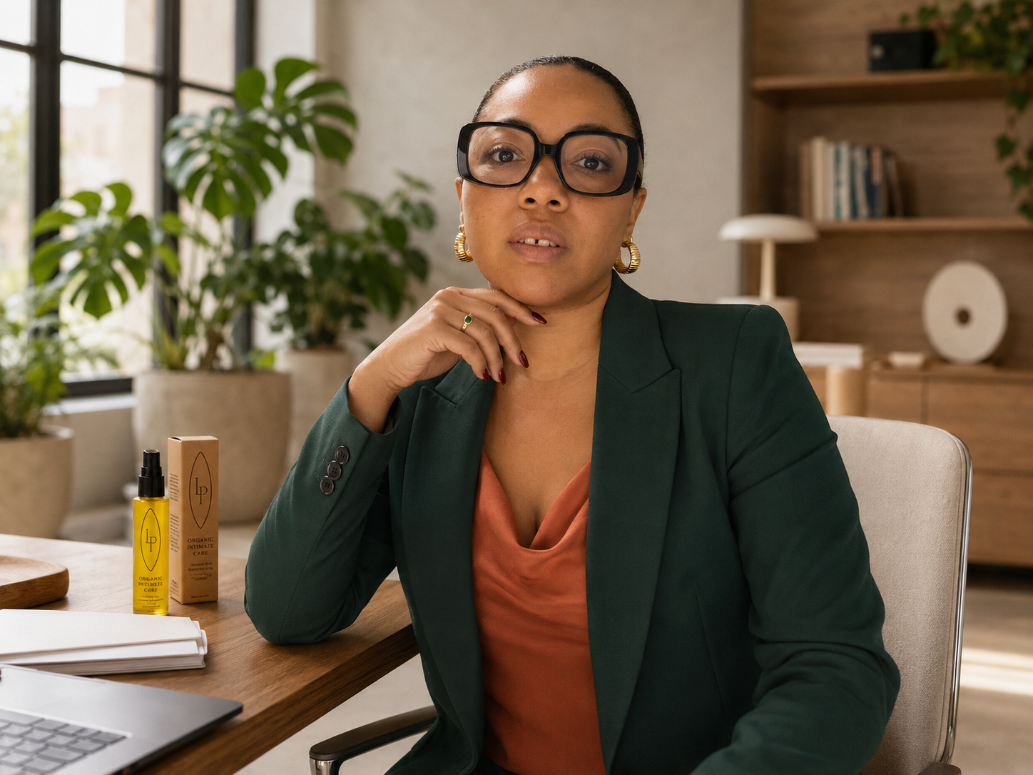 Yasuri Mayari representante de Lip Intimate Care en México, mujer sentada en una oficina moderna, con gafas grandes y blazer verde, tocándose el rostro y mirando a la cámara.