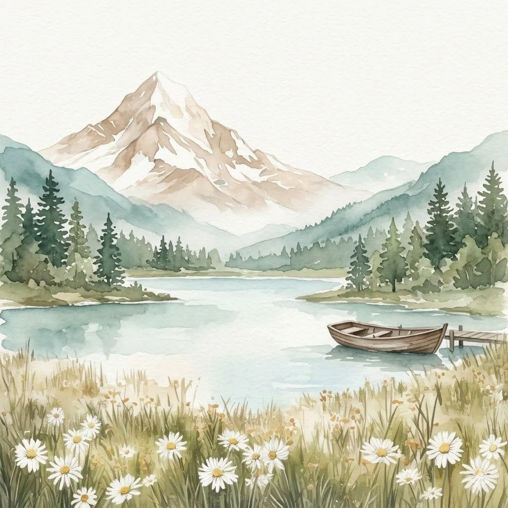 Watercolor painting of a mountain landscape with a snow-capped peak, surrounded by green pine trees, a calm lake, a small wooden boat tied to a dock, and white daisies in the foreground.
