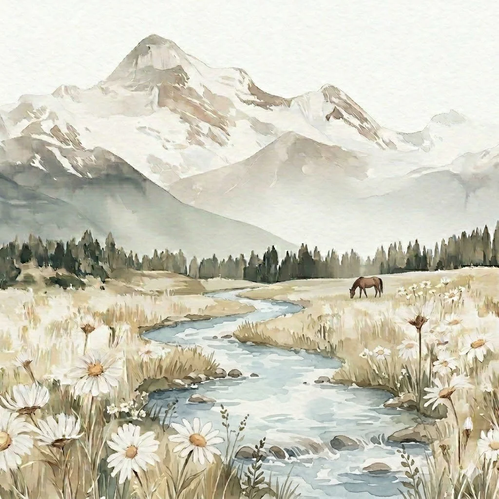 A watercolor painting of a mountain landscape with snow-capped peaks, a river flowing through a grassy field, a horse grazing, and wildflowers in the foreground.