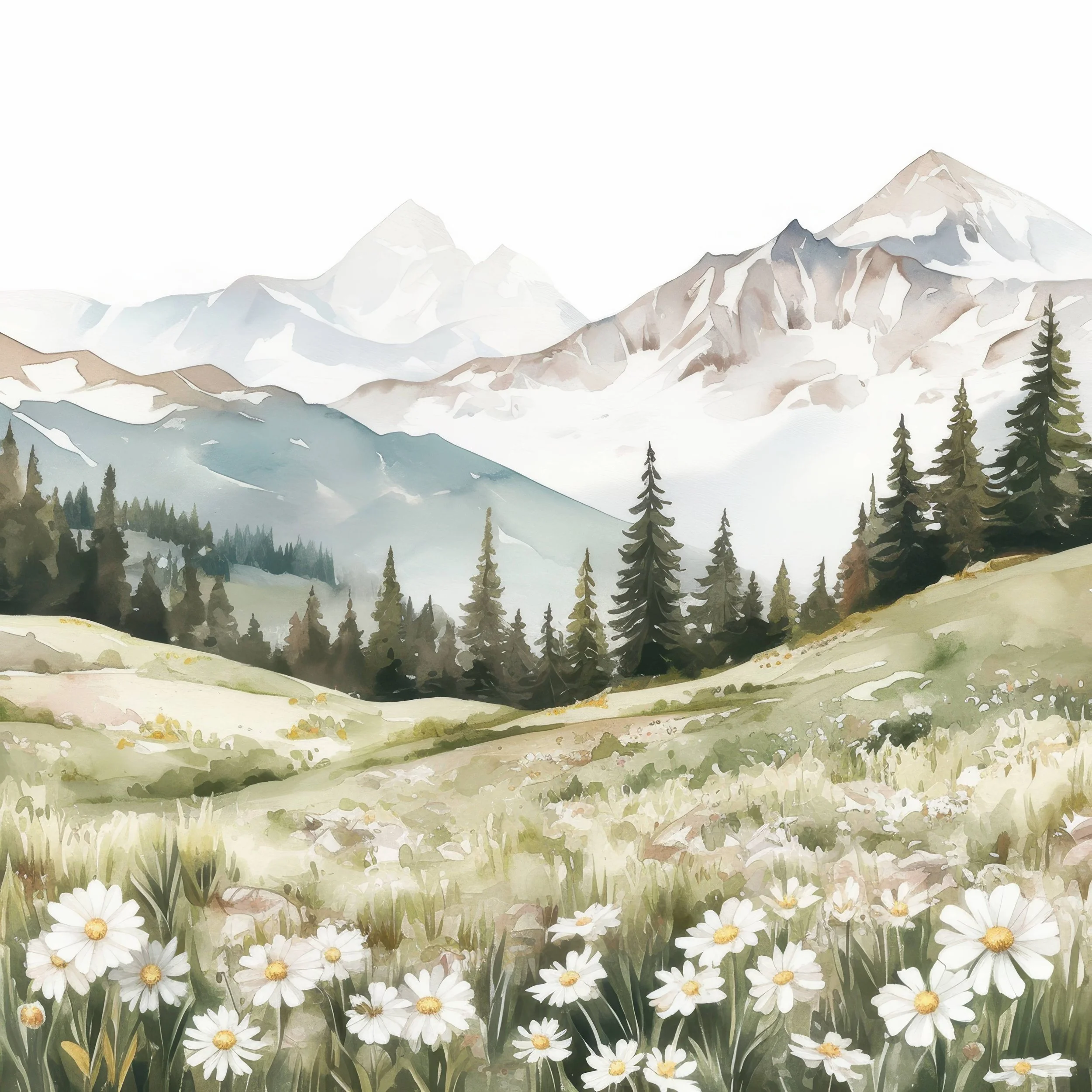 Watercolor painting of snow-capped mountains, evergreen trees, and a meadow with white daisies.