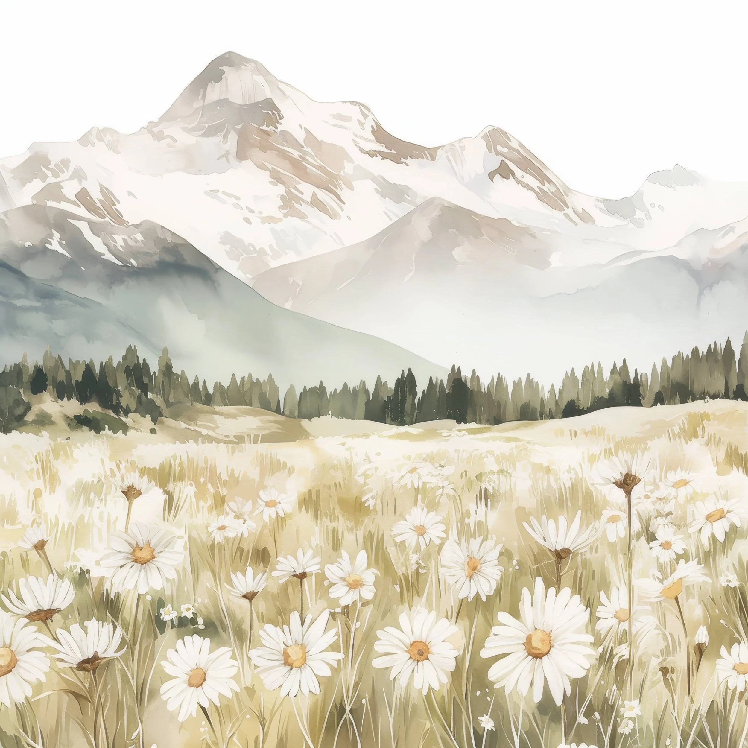 Digital painting of a mountain landscape with snow-capped peaks, a forest of evergreen trees, and a field of white daisies in the foreground.
