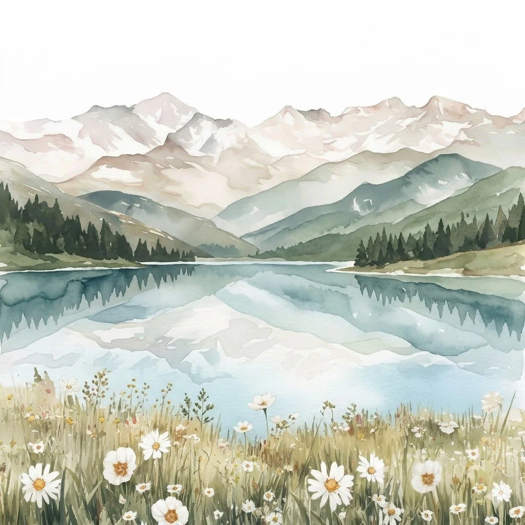 Watercolor painting of a mountain lake surrounded by snow-capped peaks, green forests, and wildflowers in the foreground.